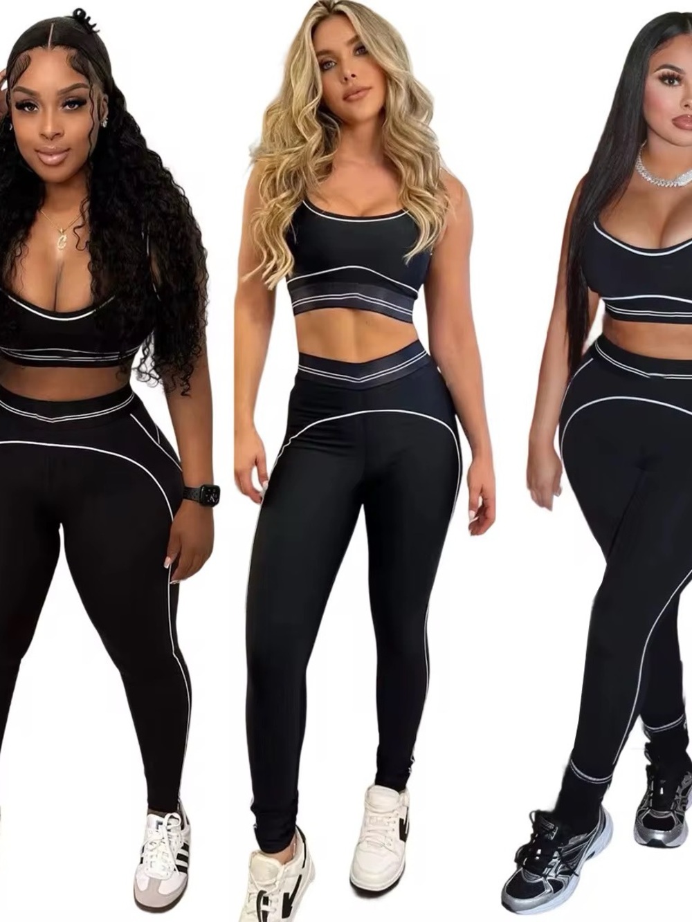Women's Black High-Waist Active Leggings with White Piping